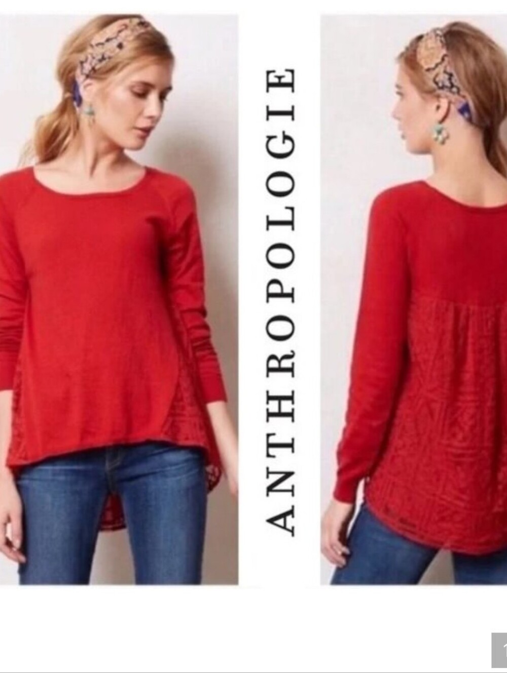 Anthropologie Sparrow Red Mixed Media Lace Back Sweater - Size Small
